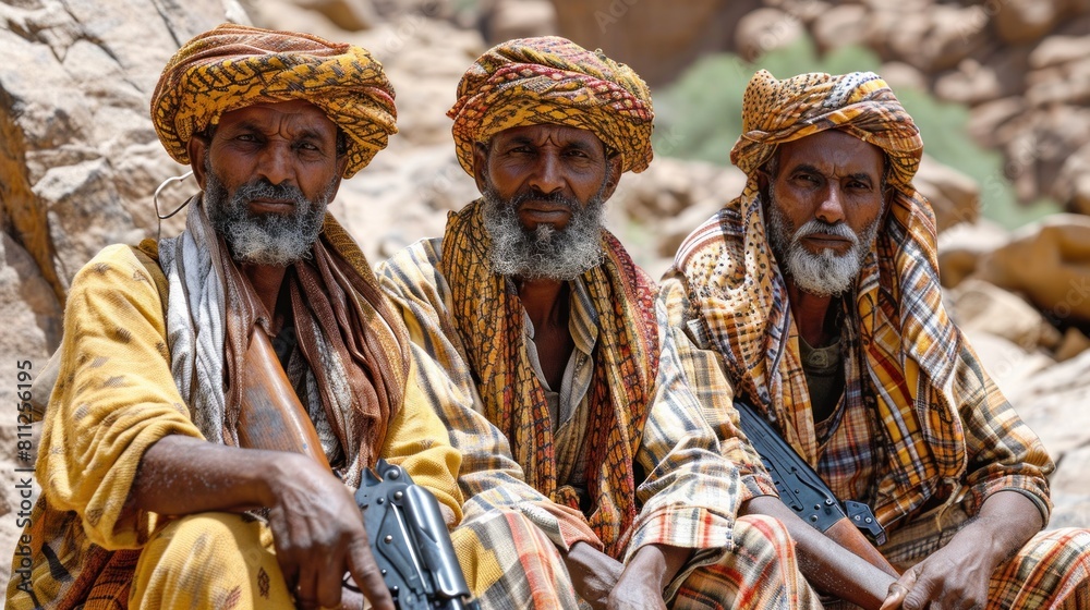 Three Unidentified Men in Traditional Clothes Holding Rifles in a Rocky Terrain