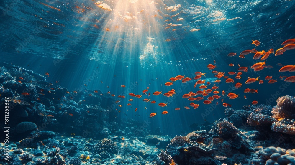 Vibrant Underwater Scene with Sunrays and Tropical Fish Over Coral Reef Vibrant Underwater Scene with Sunrays and Tropical Fish Over Coral Reef