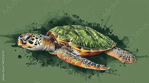   Green turtle + background + splash of paint on its back photo