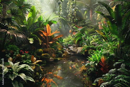 A stream of water meanders through a dense array of tropical plants in a vibrant rainforest setting, A lush tropical rainforest teeming with exotic plants and animals photo