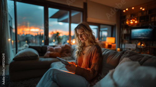 Young Woman Using Digital Tablet in Cozy Modern Living Room at Sunset