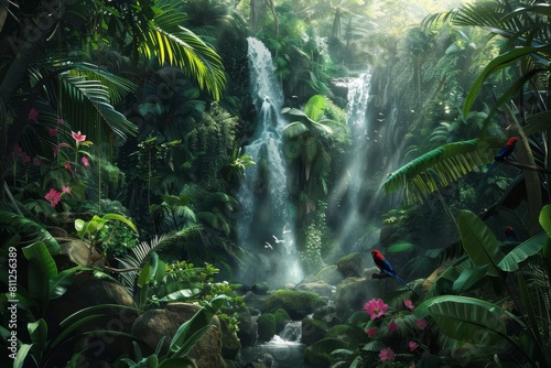 Vibrant painting showcasing a lush tropical jungle with a cascading waterfall amidst exotic birds, A lush tropical jungle with exotic birds and cascading waterfalls