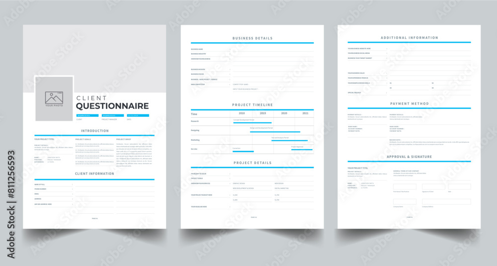 Client Questionnaire Template , New Client Survey Form, Creative Brief Template, Client Information Form , Design Brief 3 Page Layout Template