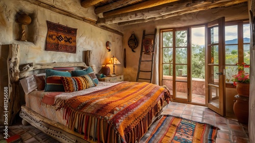 Cozy Southwestern bedroom featuring a carved wooden bed, a wool blanket in teal and orange, and a kiva fireplace Clay pottery and floorlength curtains complete the look © Suphakorn