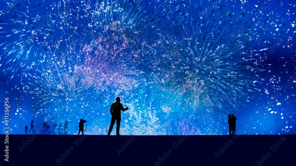 Fototapeta premium End of year party background, wavy abstract texture, happy fireworks, blue color