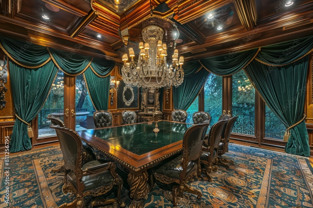 A fancy dining room with two ornate chandeliers hanging from the ceiling, creating an elegant ambiance, A luxurious conference room with ornate chandeliers and velvet drapes A fancy dining room with two ornate chandeliers hanging from the ceiling, creating an elegant ambiance, A luxurious conference room with ornate chandeliers and velvet drapes