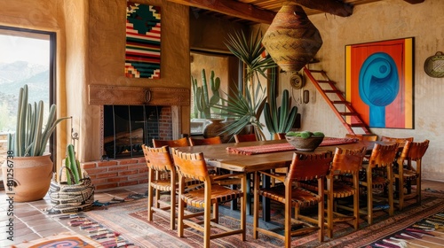 Eclectic Southwestern dining room with a pine table, woven leather chairs, and colorful wall art A clay brick fireplace and kiva ladder bring regional charm