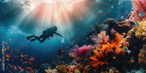 diver underwater with coral reefs