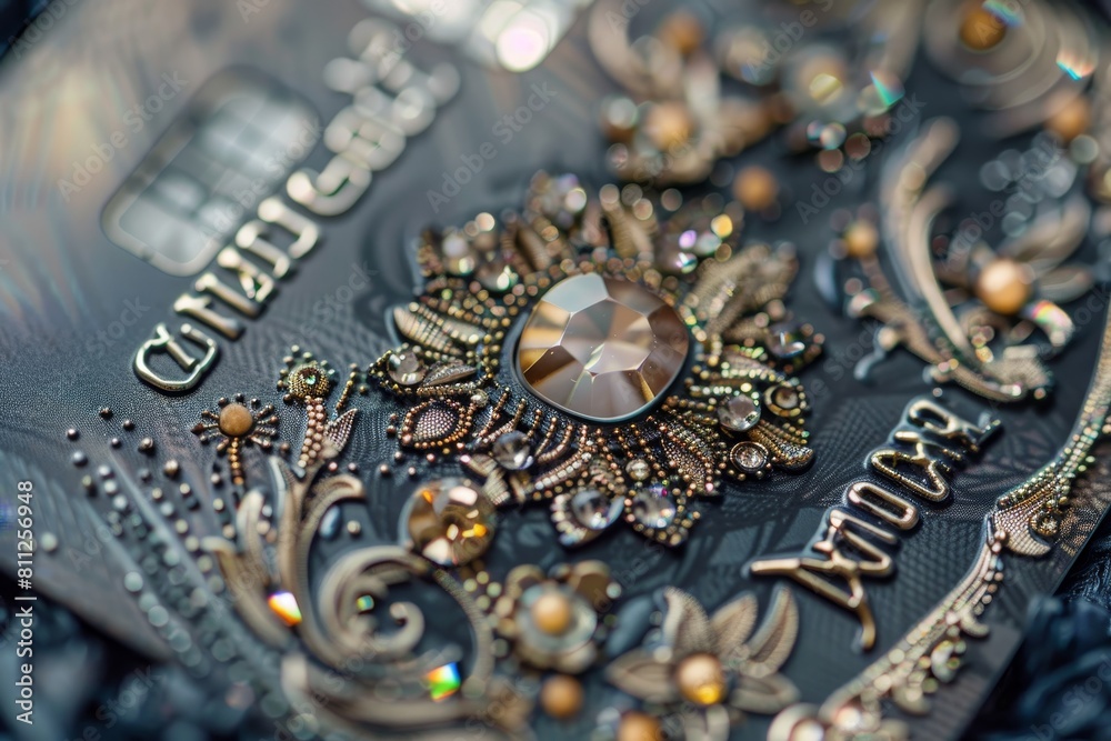 Detailed close-up of a credit card adorned with sparkling jewels, A luxurious credit card with gemstone embellishments Detailed close-up of a credit card adorned with sparkling jewels, A luxurious credit card with gemstone embellishments