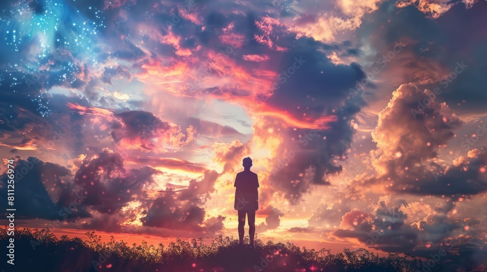 Silhouette of alone person looking at heaven. Lonely man standing in fantasy landscape with shining cloudy sky. Meditation and spiritual life hyper realistic 