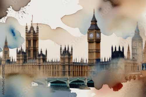 Watercolor Big Ben and houses of parliament, cityscape wall art. photo
