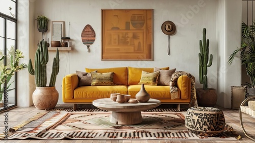 Modern Southwestern living room with a mustard couch, woven rug, and a polished coffee table Clay pottery and cactus plants accentuate the desert flair photo