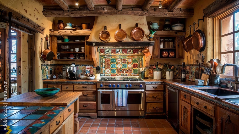 Rustic Southwestern kitchen with wooden cabinets, talavera tiles, and hanging copper pans Turquoise accents and adobe walls bring warmth to the cozy space Rustic Southwestern kitchen with wooden cabinets, talavera tiles, and hanging copper pans Turquoise accents and adobe walls bring warmth to the cozy space