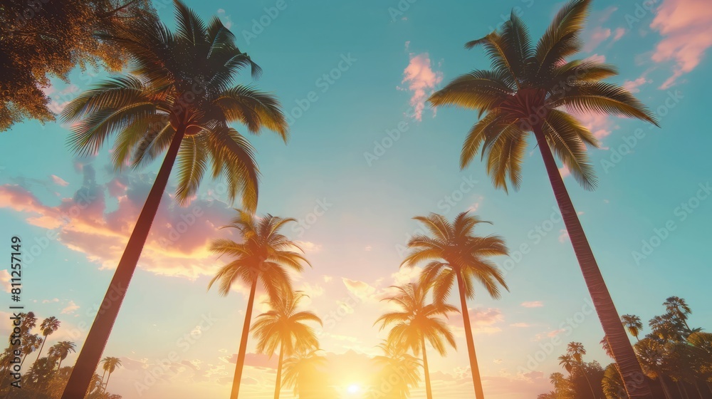 Smoothly moving infinite road with palm trees on both sides with a sunset sky in a bottom view Background. Green palm trees. Vertical video background, vertical video, hyper realistic 