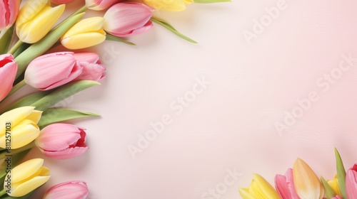 Pink and yellow tulips and white rectangular paper note frame on pink table texture background.