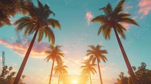 Smoothly moving infinite road with palm trees on both sides with a sunset sky in a bottom view Background. Green palm trees. Vertical video background, vertical video, hyper realistic 