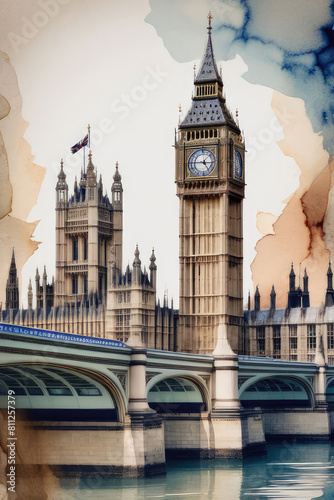 Watercolor Big Ben and houses of parliament, cityscape wall art.