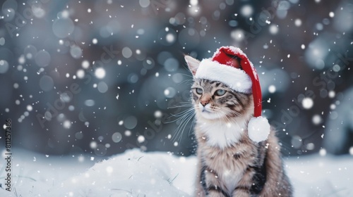 A cute cat wearing Christmas cap in snow field in winter. © Joyce