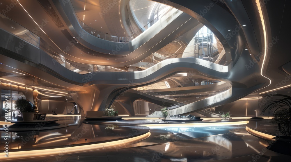 Stunning modern futuristic building interior, showcasing sleek architecture with innovative design elements and ambient lighting, AI Generative hyper realistic 