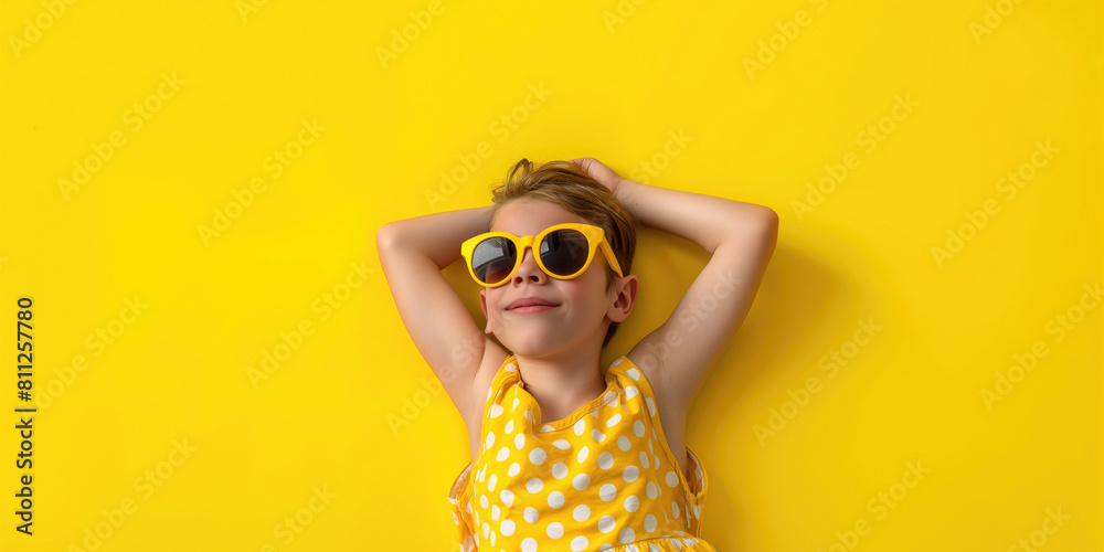Photo of a kid  wearing yellow sunglasses and a sundress