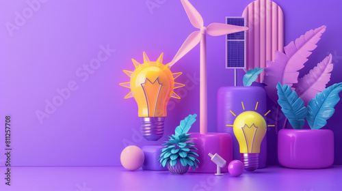Creative purple 3D renewable energy concept background with miniature figures of electricity light bulbs and wind turbine. photo