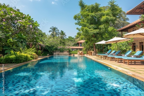 A pool surrounded by lounge chairs and umbrellas providing shade on a sunny day at a luxurious resort, A luxurious resort pool, complete with sparkling water and sun loungers