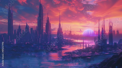 A beautiful landscape of a futuristic city with a large moon in the background