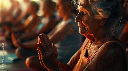 Elderly woman with clasped hands and closed eyes meditating with group of people.