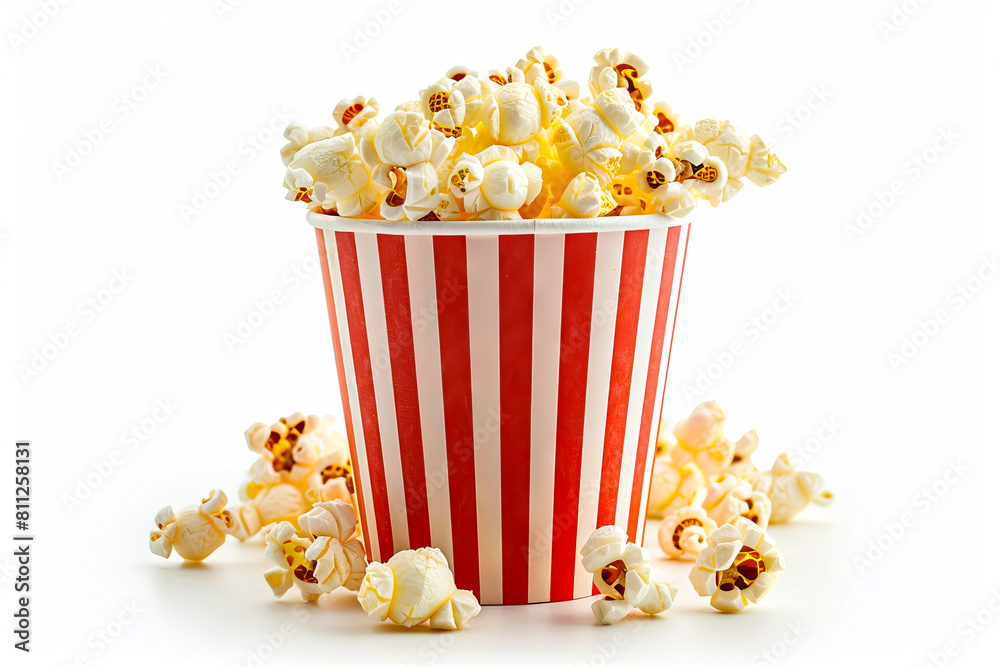A red and white striped popcorn cup with popcorn. A red and white striped popcorn cup with popcorn.