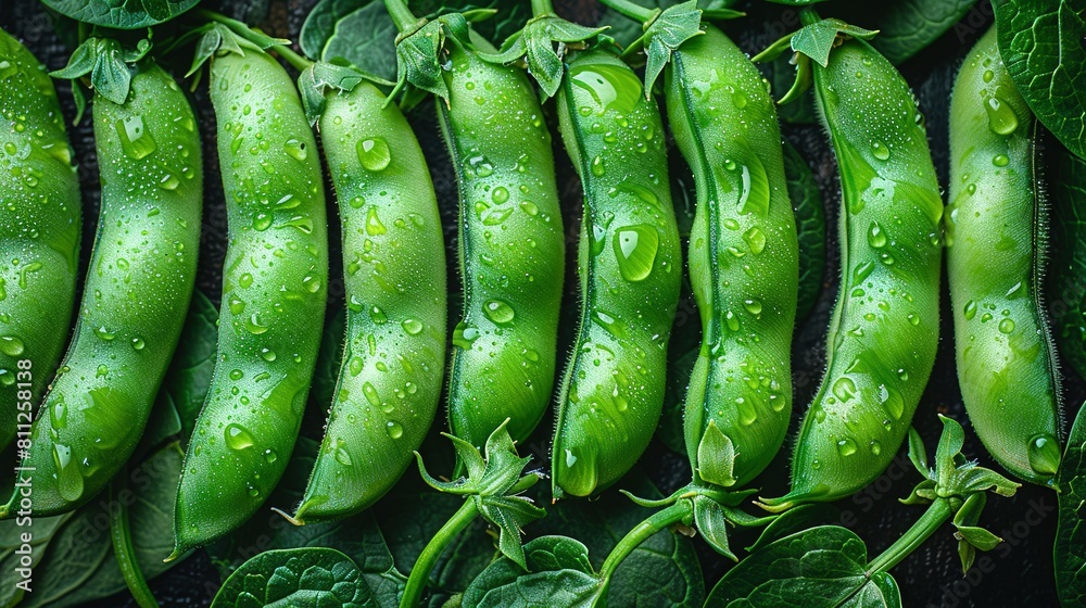 Green peas on top of green leaves with water droplets Green peas on top of green leaves with water droplets
