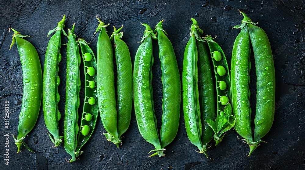 A collection of peas arranged together atop a dark background with droplets of water surrounding them A collection of peas arranged together atop a dark background with droplets of water surrounding them