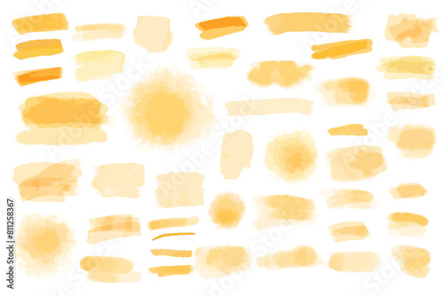Golden, yellow, tangerine, orange. Hand drawn watercolor brush stroke. Big set collection. Paint spot 
, splash isolated on a white background. Vector graphics elements 