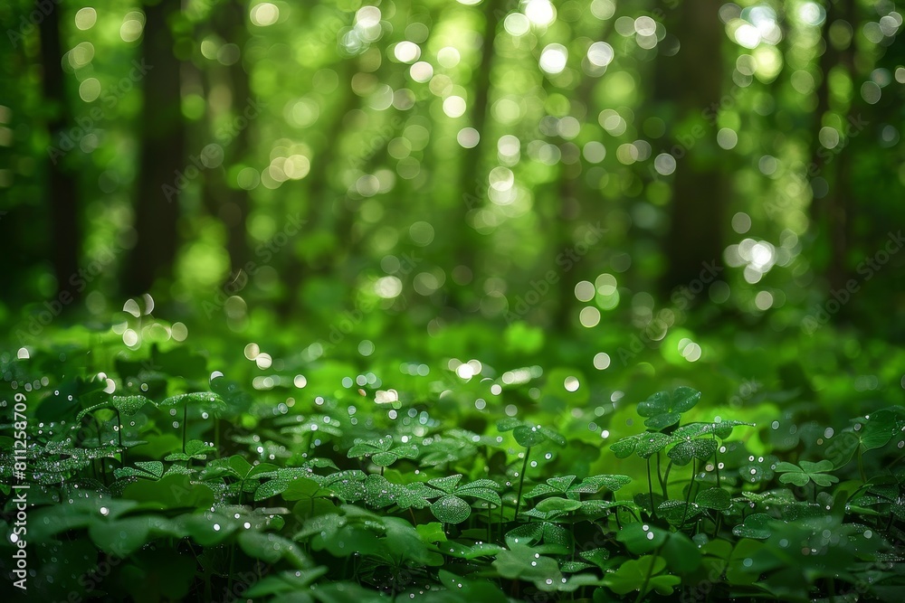A dense forest with an abundance of green leaves creating a vibrant and lively atmosphere, A magical forest filled with shimmering shamrocks A dense forest with an abundance of green leaves creating a vibrant and lively atmosphere, A magical forest filled with shimmering shamrocks