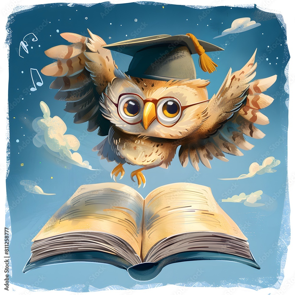 Wise scientist. Cute scientist owl with glasses and graduation cap flies towards a book. An intelligent image of a scientist owl. Cartoon illustration.
