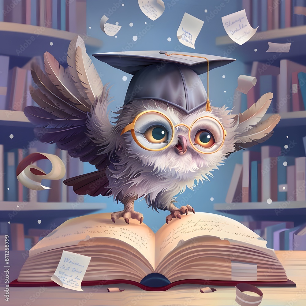 Wise scientist. Cute scientist owl with glasses and graduation cap sitting on a book. An intelligent image of a scientist owl. Cartoon illustration.