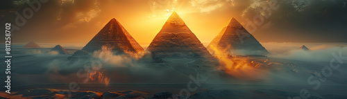 The Pyramids of Giza enveloped in a mystical sunset, showcasing their grandeur amidst a dramatic landscape.
