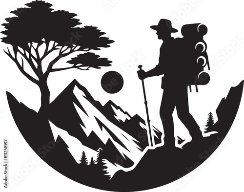 A man is hiking on a mountain  silhouette vector style and white background.
