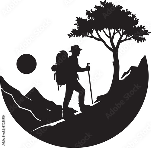 A man is hiking on a mountain  silhouette vector style and white background.