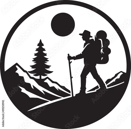 A man is hiking on a mountain  silhouette vector style and white background.