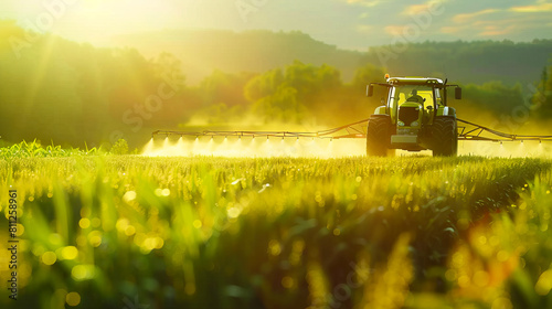 A tractor spraying pesticides on a field.
