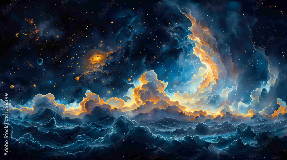 A celestial scene with stars, planets, and galaxies