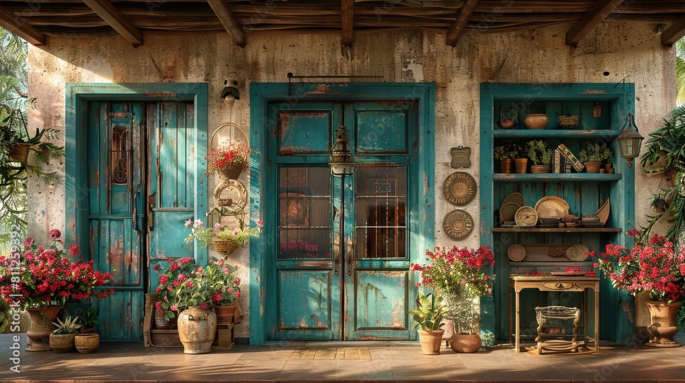A porch with potted plants in front of a blue door and a full shelf of potted plants