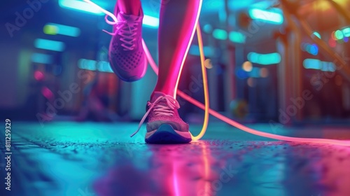 abstract capture of a jumping rope in mid-swing, neon streaks of color to represent motion, gym environment blurred, high contrast realistic photo