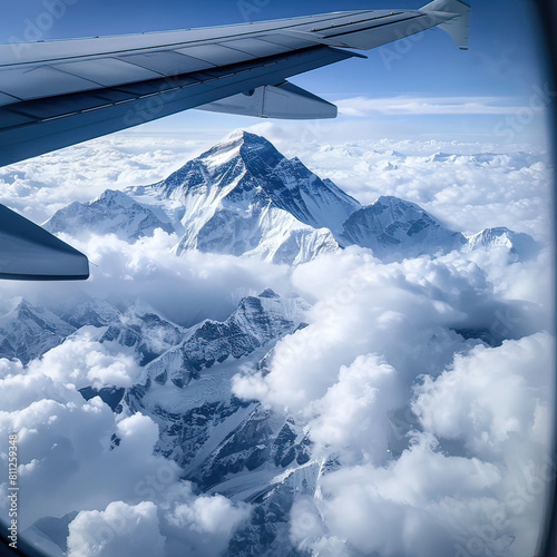 Breathtaking view of the snow-capped Himalayan peaks visible from an airplane window, highlighting natural grandeur.