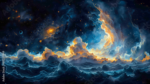 A celestial scene with stars  planets  and galaxies