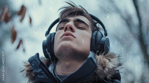 Young man sings his favorite song in his headphones hyper realistic  photo