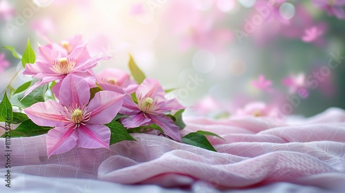  A pink bouquet on a white tablecloth with a pink blanket beneath