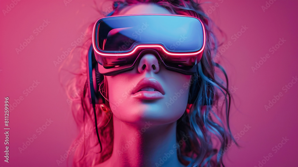 Attractive woman with neon lights wearing VR headset and experiencing virtual reality simulation, metaverse and fantasy world Attractive woman with neon lights wearing VR headset and experiencing virtual reality simulation, metaverse and fantasy world