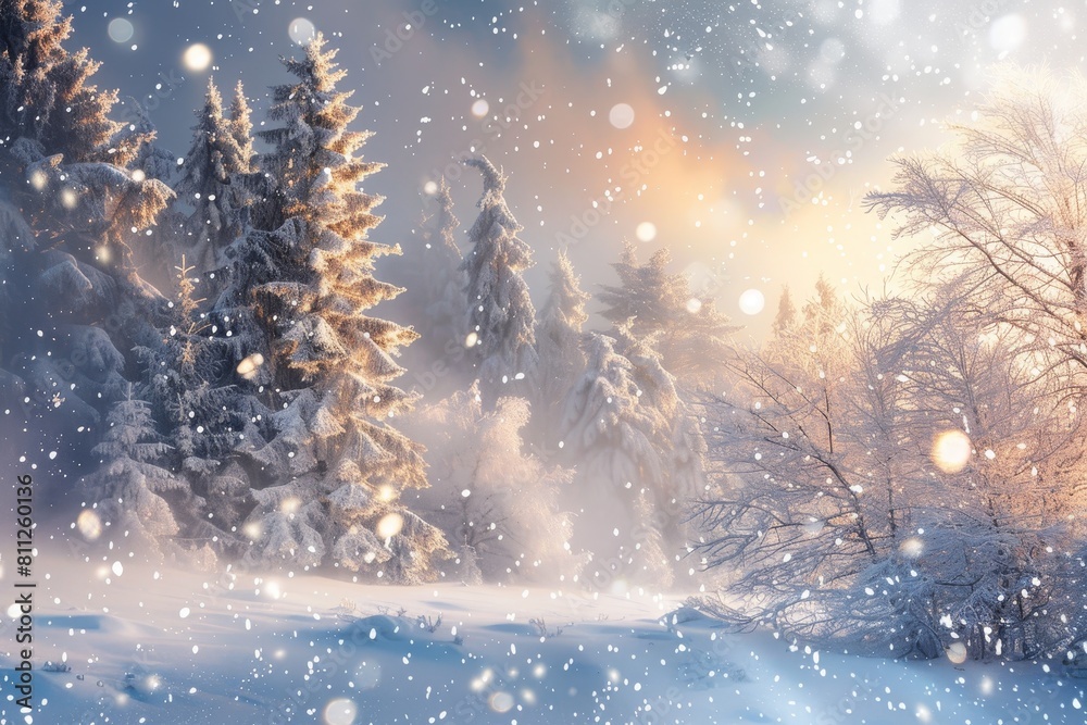 Fototapeta premium Snow-covered landscape with bare trees and falling snowflakes on a winter day, A magical winter wonderland with snowflakes falling gently from the sky