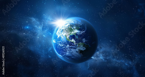 Galaxy, space and universe with earth on dark background for adventure, astrology or exploration. Cosmos, sky and wallpaper with globe in interstellar solar system for astronomy or cosmology at night